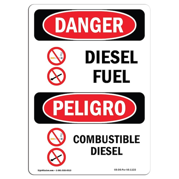 Safety Sign, OSHA Danger, 5" Height, Combustible Diesel Bilingual Spanish, 10PK